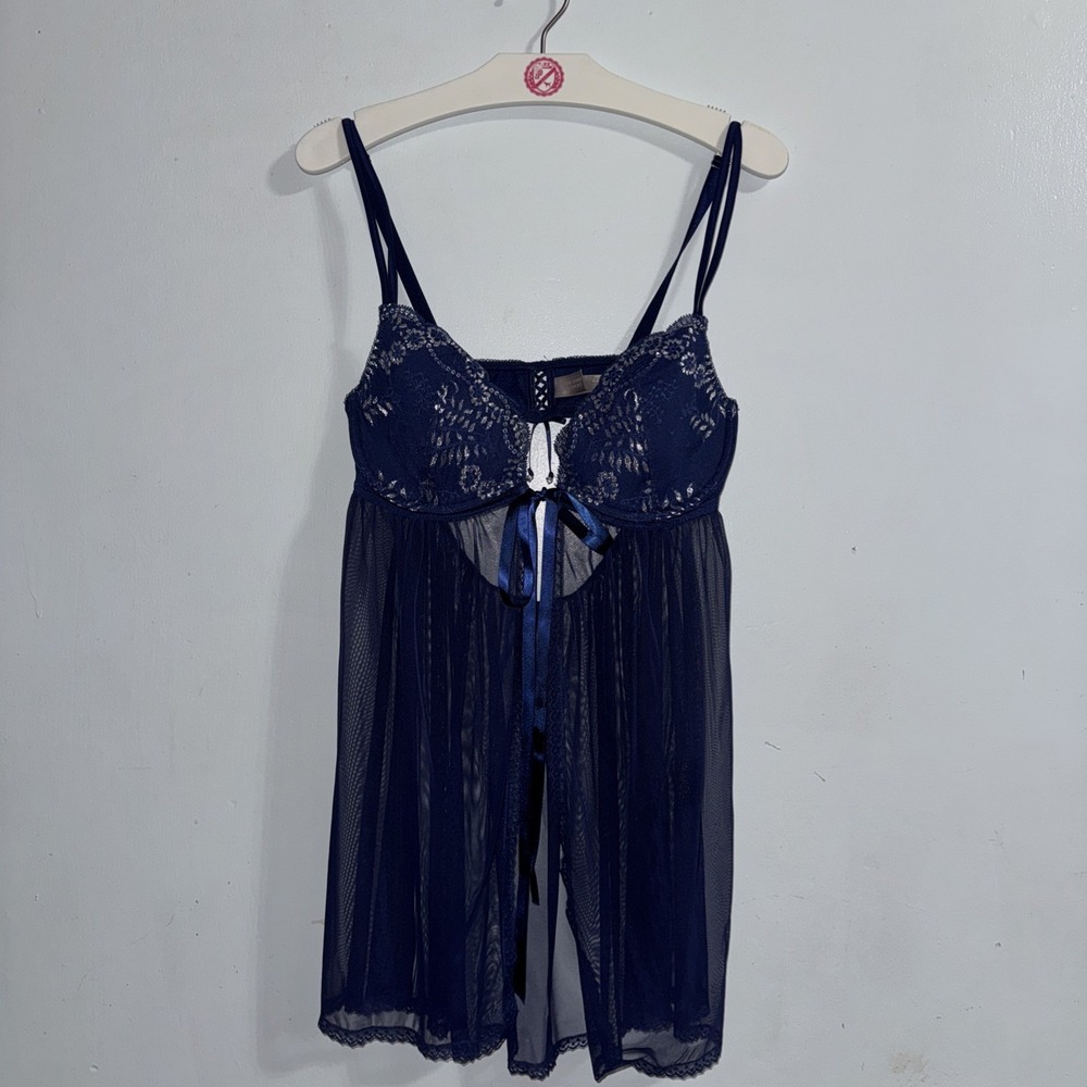 2010 Victoria's Secret Coquette Navy Lace Babydoll Teddy 36C